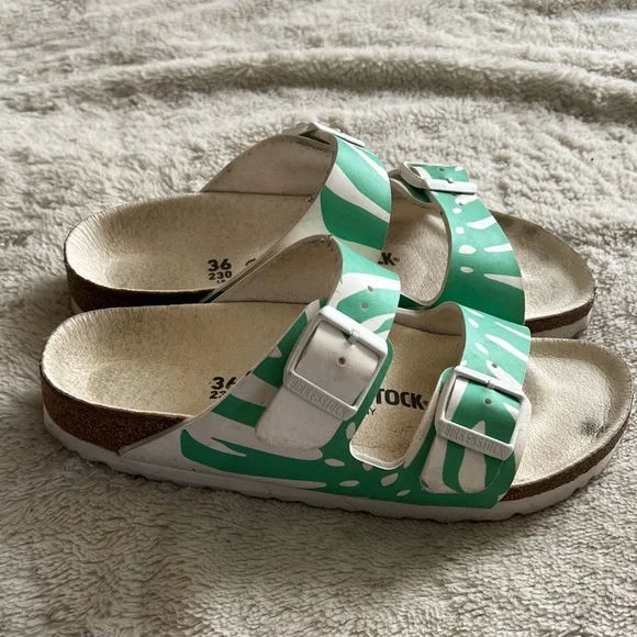 Birkenstock Woman’s Green Leaf Print Sandals - Picture 2 of 8